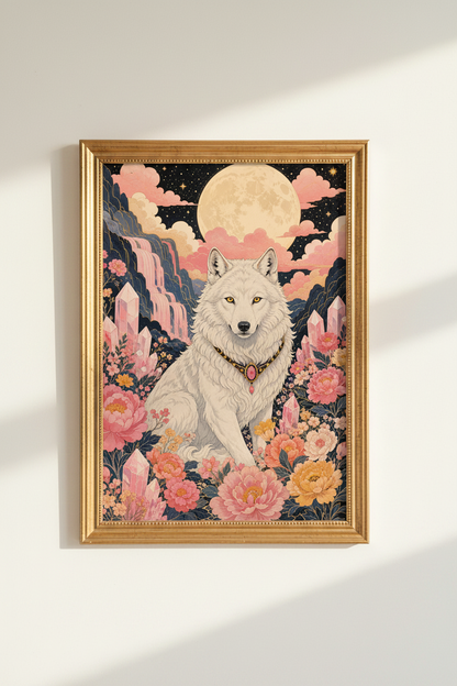 mystical wolf print | moonlit pink boho, bedroom decor