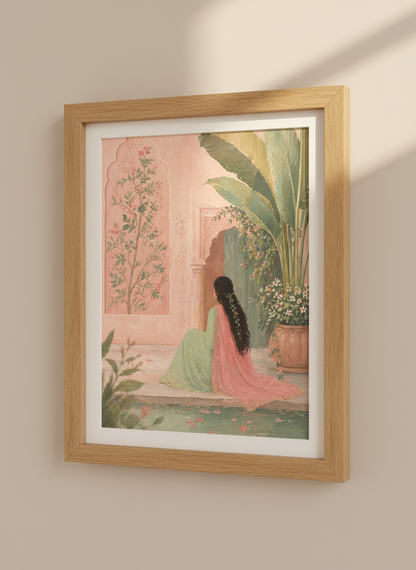 Indian Garden Wall Art | Pink Botanical Painting, Mughal Decor Poster