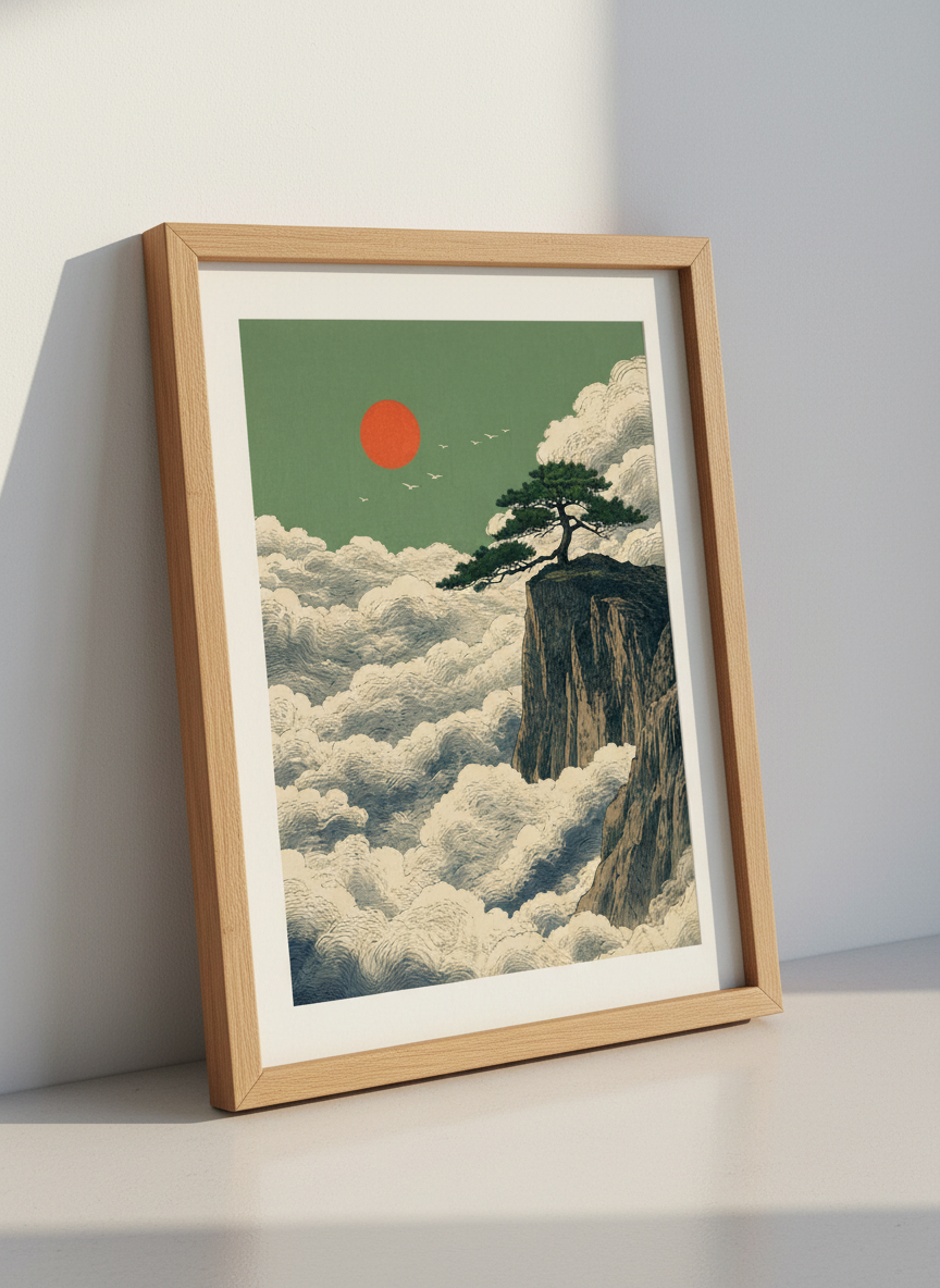 Japanese Landscape Wall Art | Pine Tree &amp; Red Sun Print, Zen Bedroom Decor