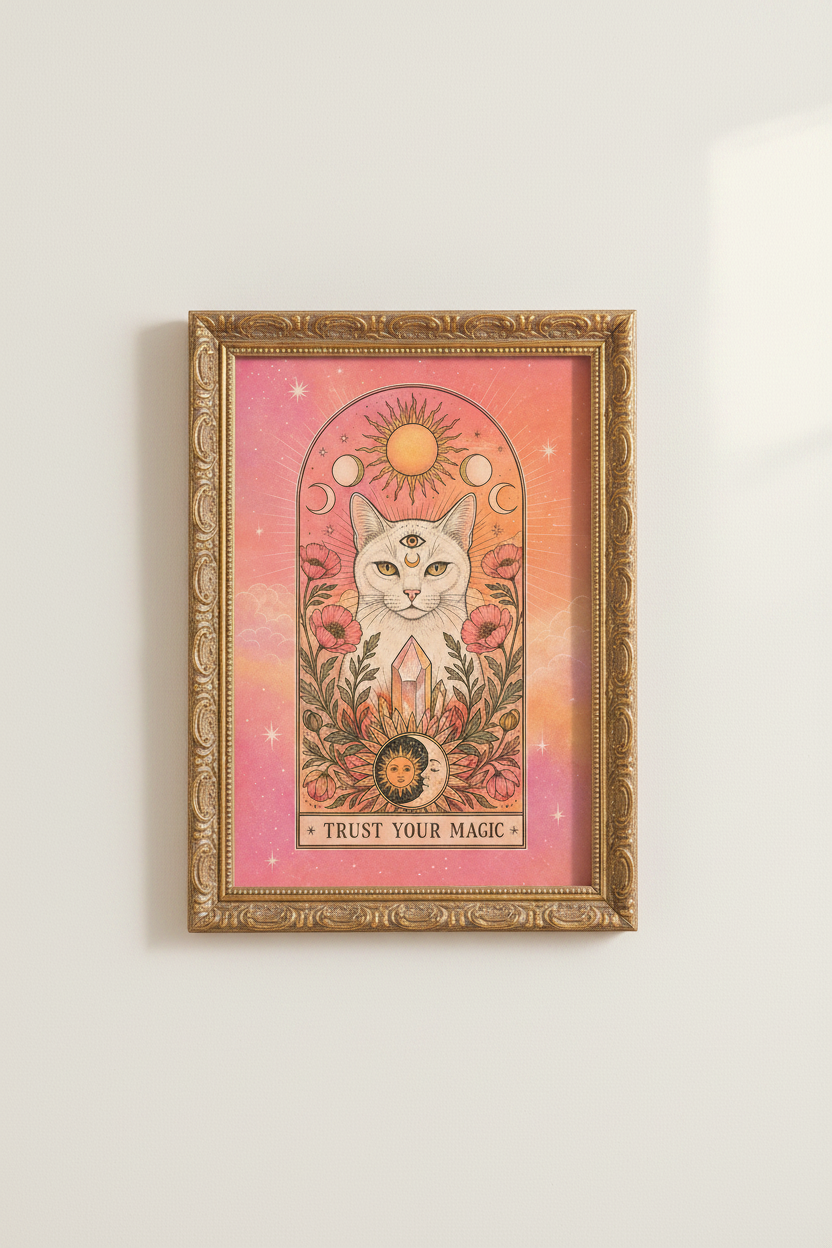 Mystical Cat Poster | Boho Sunmoon Art, Bedroom Decor