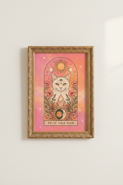 Mystical Cat Poster | Boho Sunmoon Art, Bedroom Decor