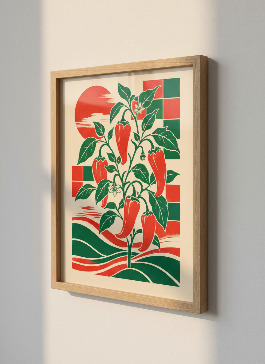 Chili Pepper Botanical Wall Art | Red &amp; Green Kitchen Decor | Retro Japanese Poster