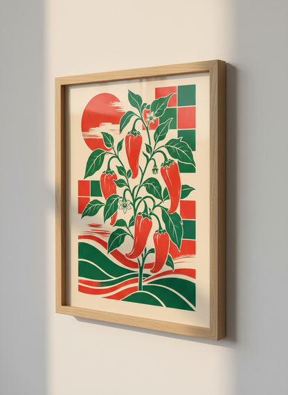 Chili Pepper Botanical Wall Art | Red &amp; Green Kitchen Decor | Retro Japanese Poster
