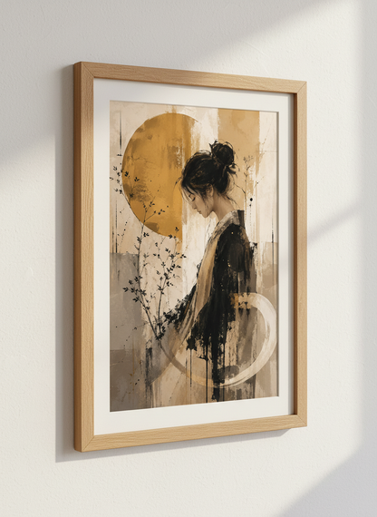 Japanese Woman Portrait | Wabi-Sabi Ochre &amp; Black Art, Zen Bedroom Decor