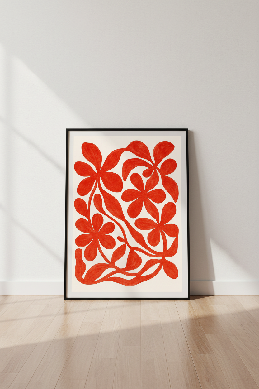 Abstract Floral Wall Art Print | Bold Red Petal Decor | Framed Botanical Poster | Living Room Aesthetic Wall Art
