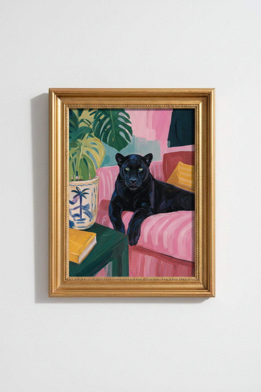 panther wall art | modern tropical, pink green living room poster