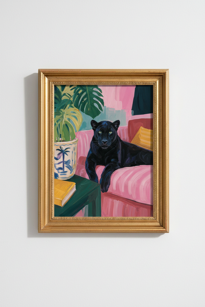 panther wall art | modern tropical, pink green living room poster