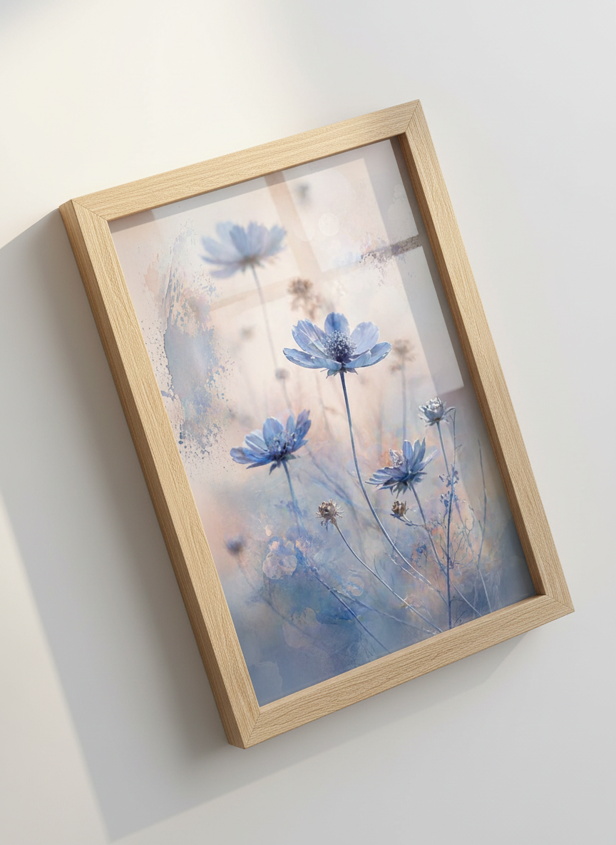 Blue Cosmos Flowers Wall Art | Boho Floral Print | Abstract Botanical Decor