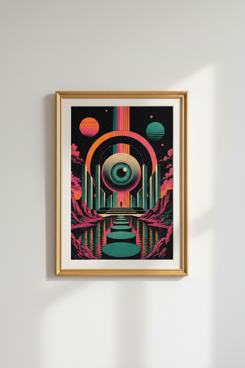 surreal eye poster | neon cosmic teal &amp; pink, living room decor