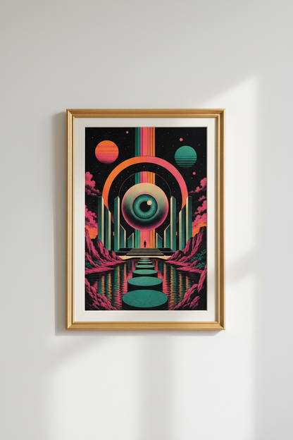 surreal eye poster | neon cosmic teal &amp; pink, living room decor