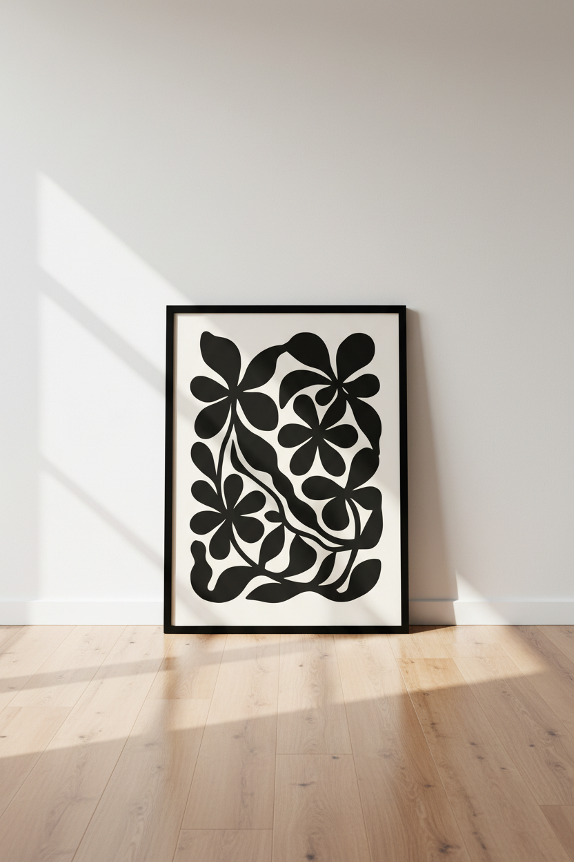 Minimalist Floral Wall Art Print | Modern Botanical Home Decor | Black &amp; Neutral Aesthetic Framed Poster