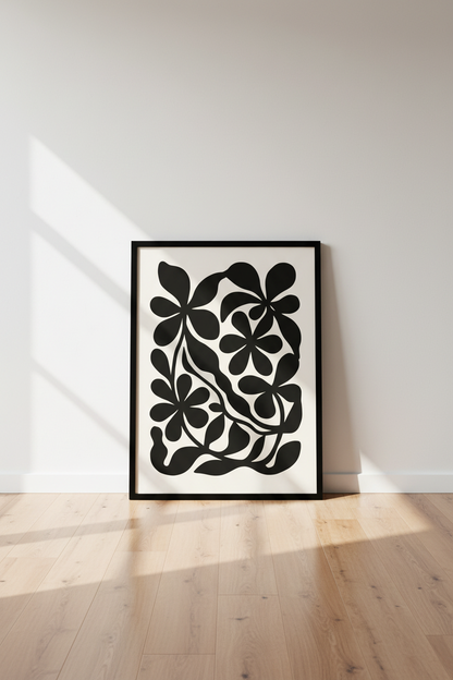 Minimalist Floral Wall Art Print | Modern Botanical Home Decor | Black &amp; Neutral Aesthetic Framed Poster