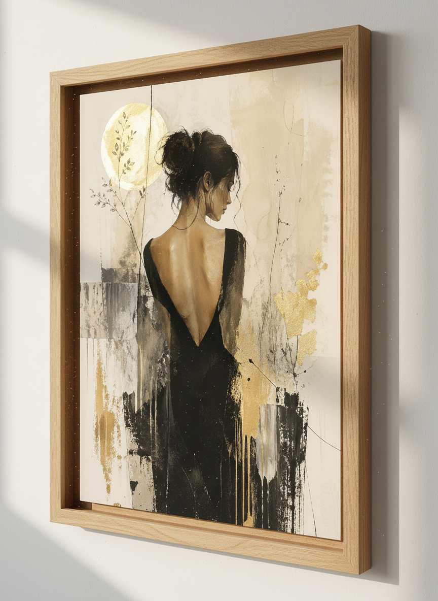 Woman in Black Dress Wall Art | Gold Abstract Portrait, Modern Aesthetic Poster