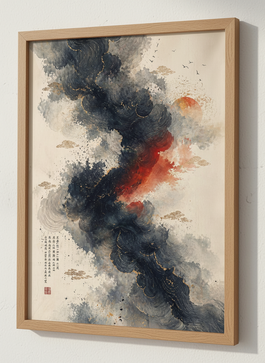Japanese Abstract Ink Cloud Wall Art | Black Red Gold Poster | Zen Living Room Decor