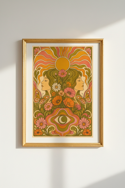 Retro Floral Poster | Psychedelic Orange Green, Living Room
