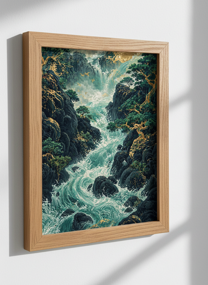 Japanese Waterfall Landscape Wall Art | Teal and Gold Nature Decor | Asian Zen Poster