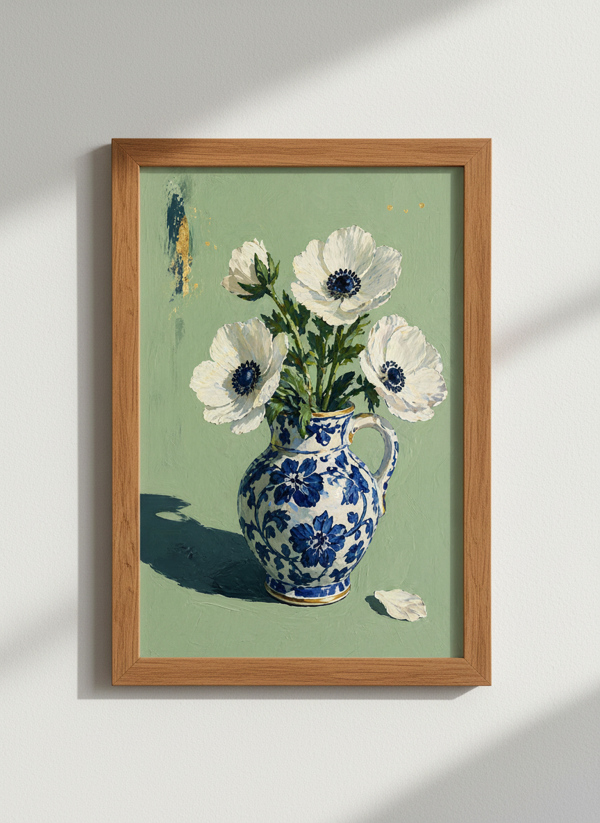 White Anemone | Blue and White Chinoiserie Vase Art, Sage Green Office Decor