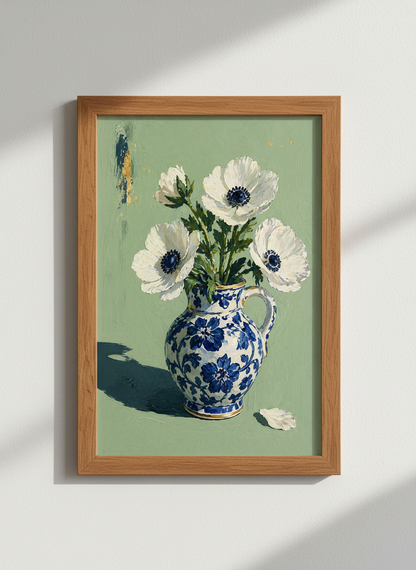 White Anemone | Blue and White Chinoiserie Vase Art, Sage Green Office Decor