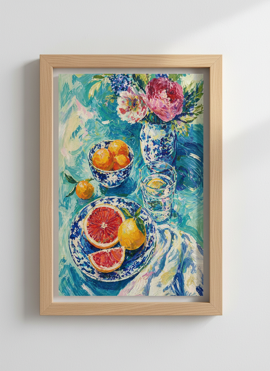 Grapefruit &amp; Peonies Still Life | Vibrant Teal Floral Oil Painting, Kitchen Decor Poster