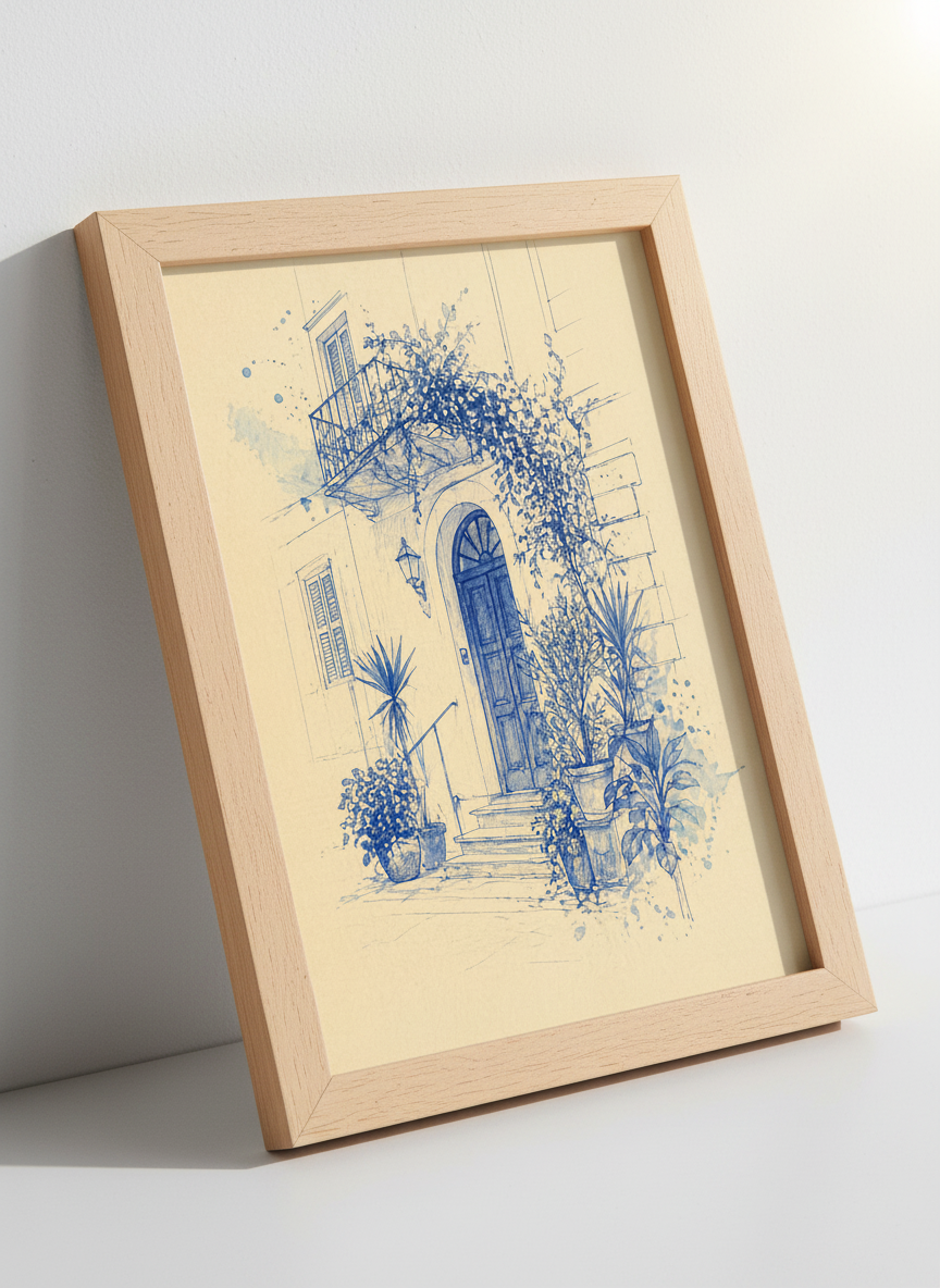 Mediterranean Doorway Sketch | Blue Ink Architecture Art, Living Room Poster