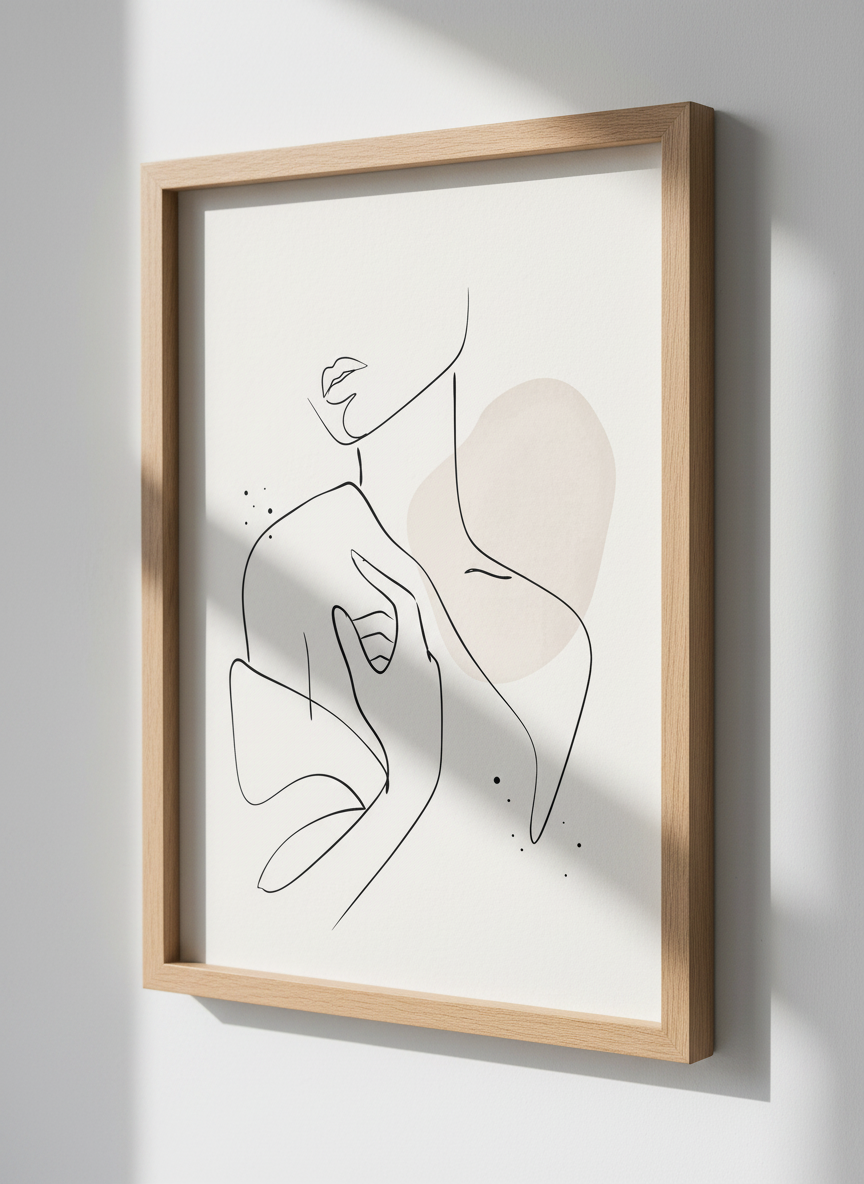 Minimalist Woman Line Art | Abstract Nude Figure, Beige Aesthetic Decor