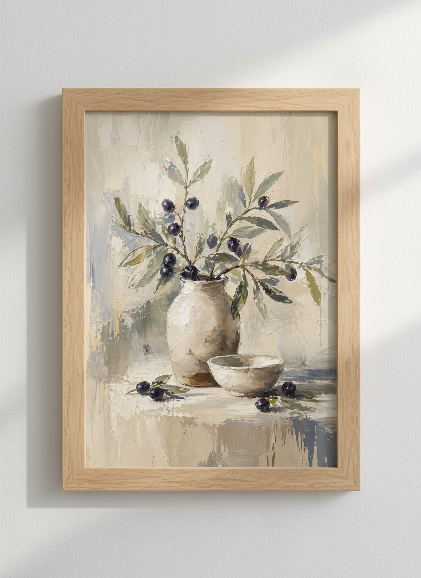 Olive Branch Vase Still Life | Rustic Neutral Oil Painting, Kitchen Farmhouse Wall Art