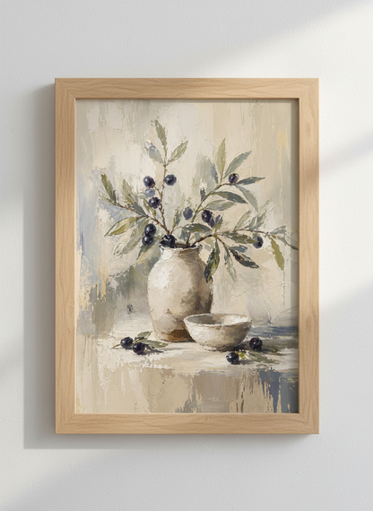 Olive Branch Vase Still Life | Rustic Neutral Oil Painting, Kitchen Farmhouse Wall Art