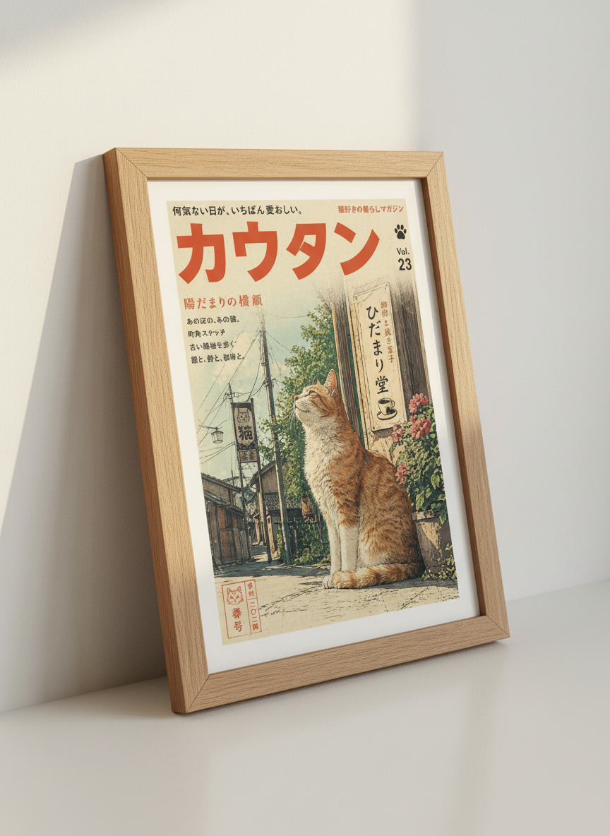 Japanese Cat Magazine Wall Art | Retro Ginger Tabby Poster, Japandi Living Room Decor