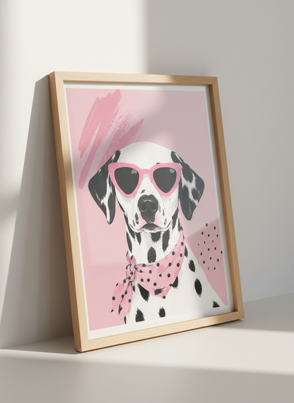 Dalmatian with Sunglasses Art | Pink Preppy Portrait, Girly Bedroom Decor Poster