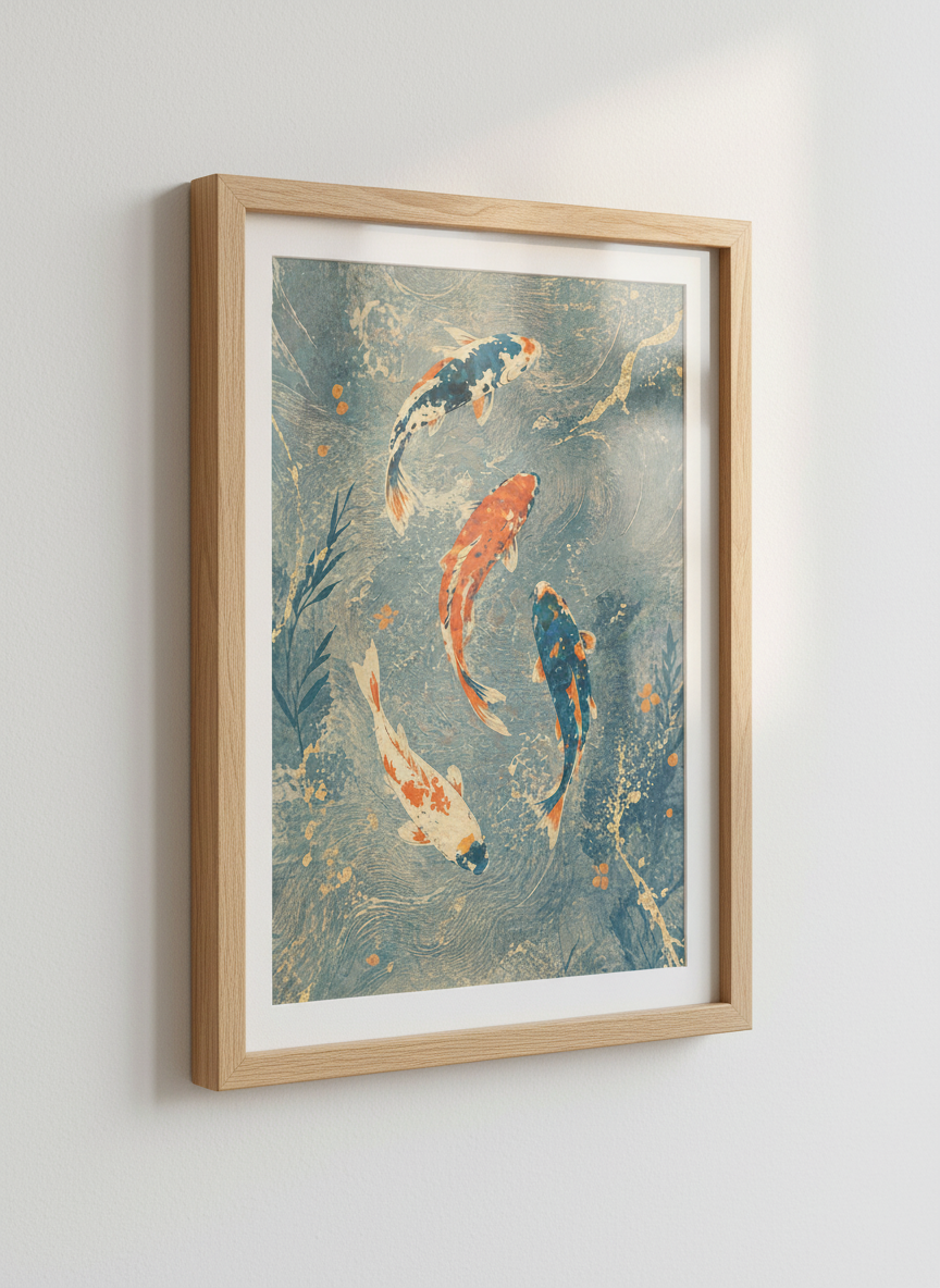 Japanese Koi Fish Wall Art Print | Teal &amp; Gold Zen Decor | Asian Style Poster