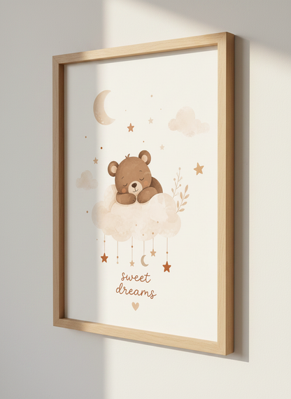 Sleeping Bear Nursery Wall Art | Boho Watercolor Poster, Sweet Dreams Baby Room Decor