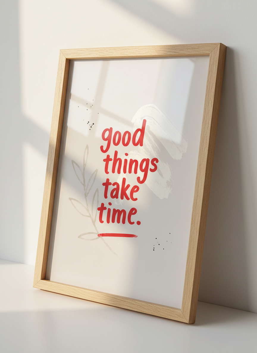 Good Things Take Time | Motivational Quote Wall Art, Beige Red Decor, Positive Vibes