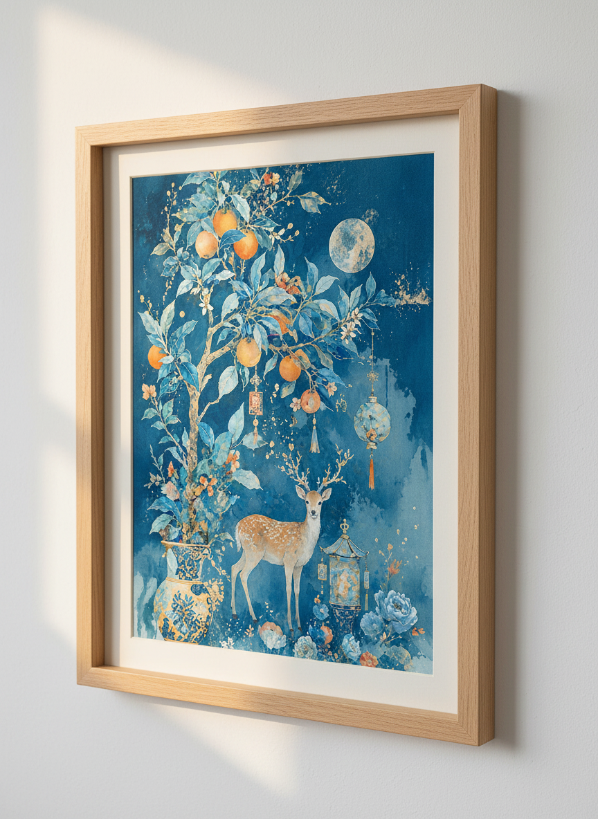 Mystical Deer &amp; Moon Wall Art | Chinoiserie Blue &amp; Orange Poster | Living Room Decor
