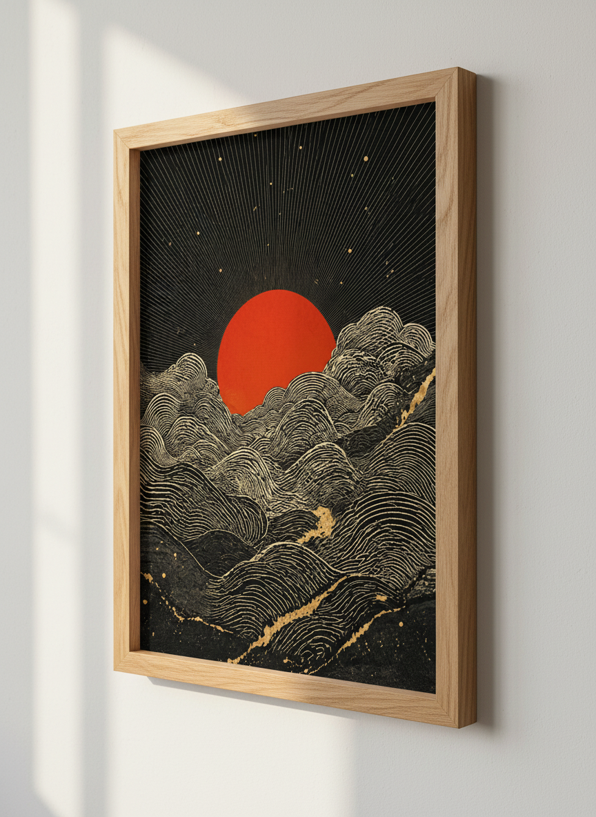 Red Sun &amp; Gold Waves Wall Art | Japanese Style Landscape | Celestial Zen Poster