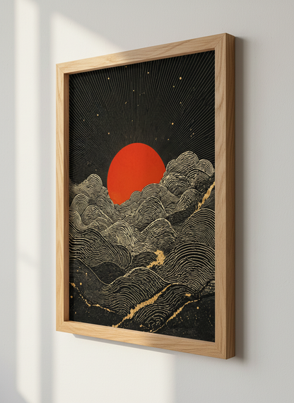 Red Sun &amp; Gold Waves Wall Art | Japanese Style Landscape | Celestial Zen Poster