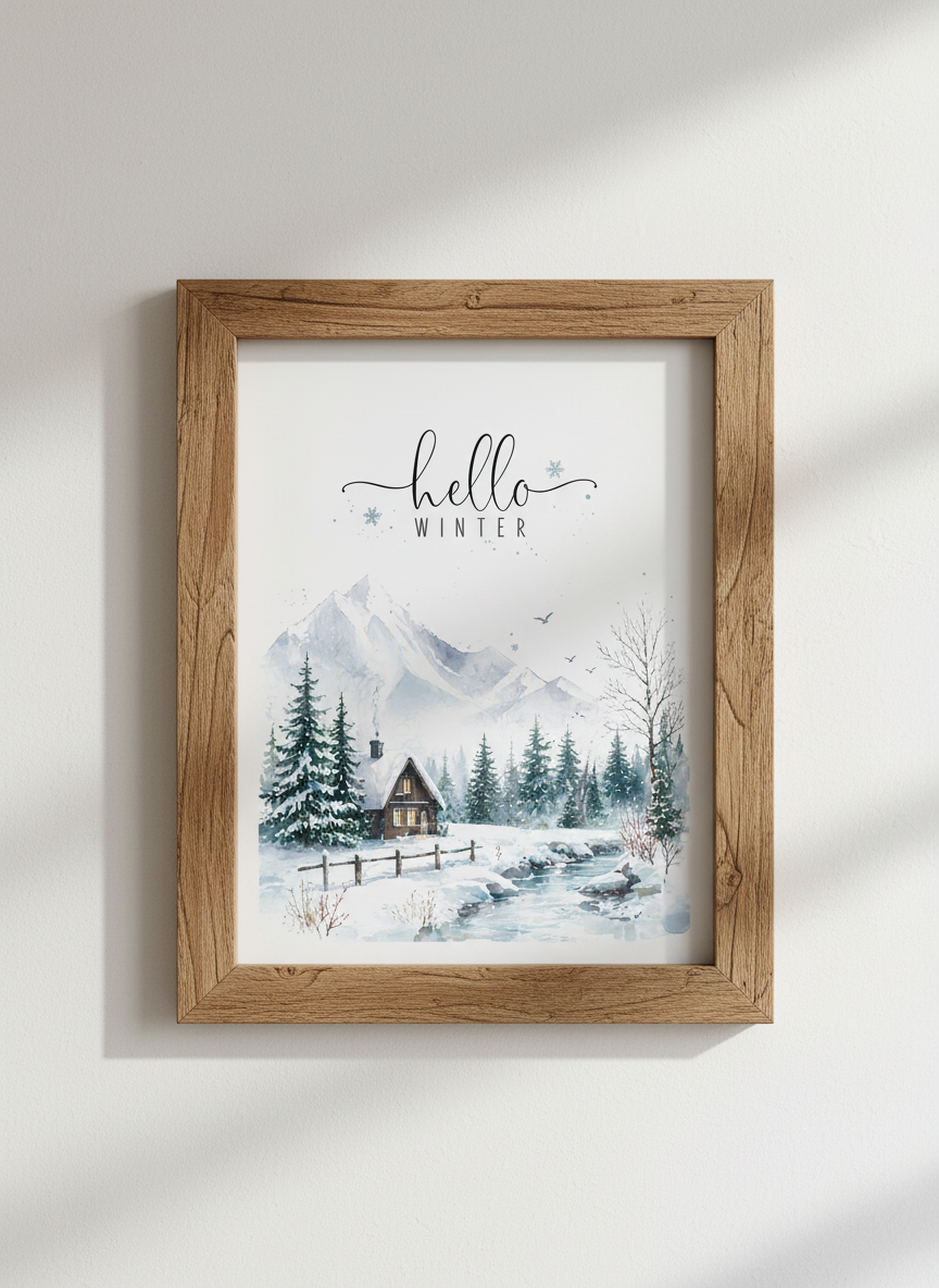 Hello Winter Cabin Art | Cozy Snowy Landscape Print | Rustic Christmas Decor