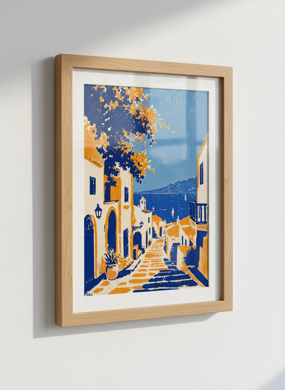 Mediterranean Coastal Village Art | Blue &amp; Orange Travel Poster, Living Room Decor