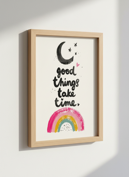 Good Things Take Time Wall Art Print | Boho Nursery Decor | Moon Rainbow Poster