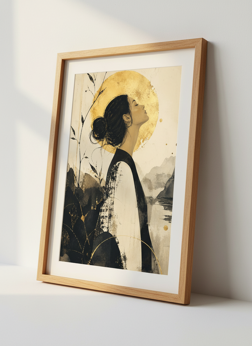 Japanese Sun Woman Wall Art Print | Zen Bedroom Decor | Gold Abstract Poster