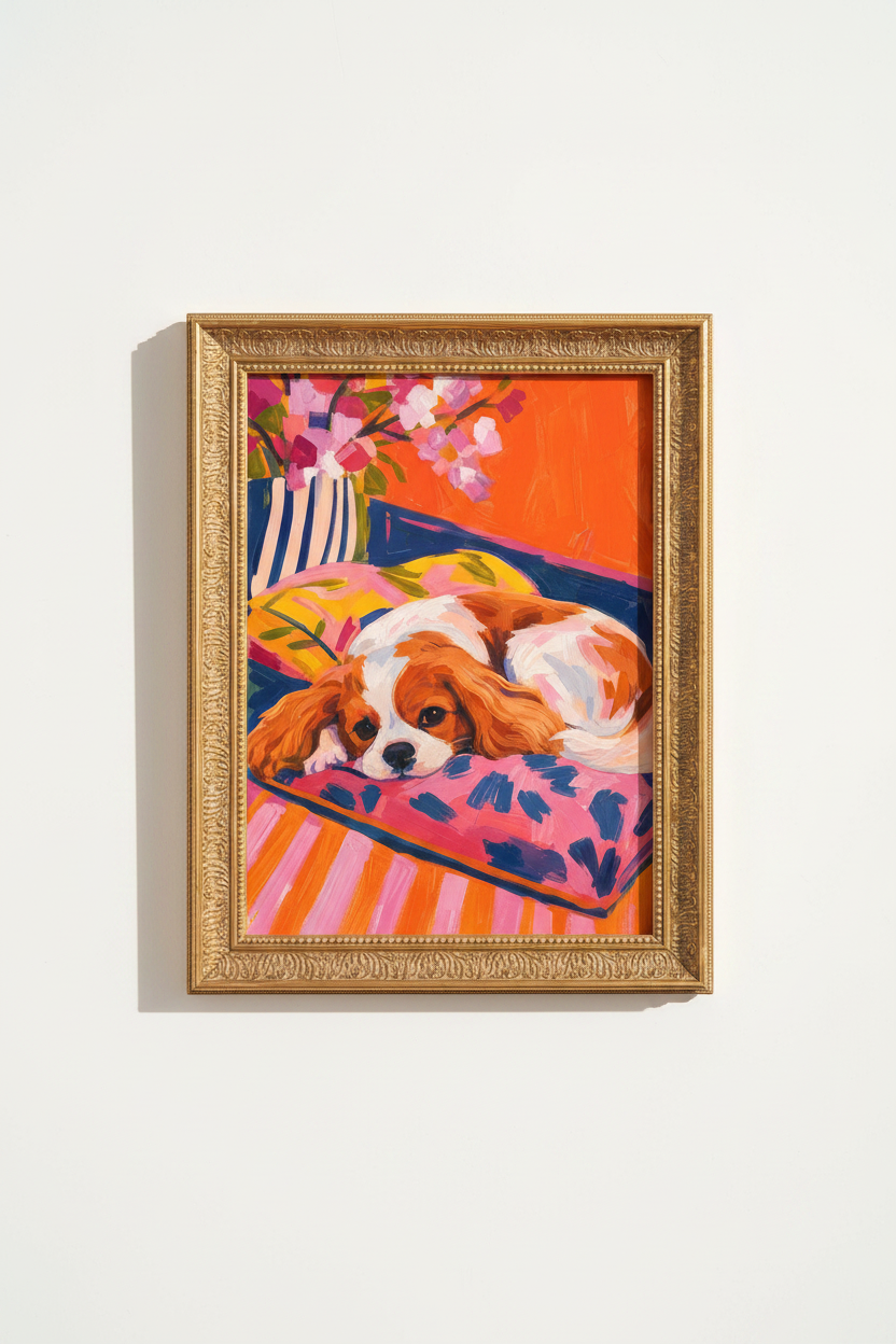 colorful dog print | vibrant gouache hues, living room decor