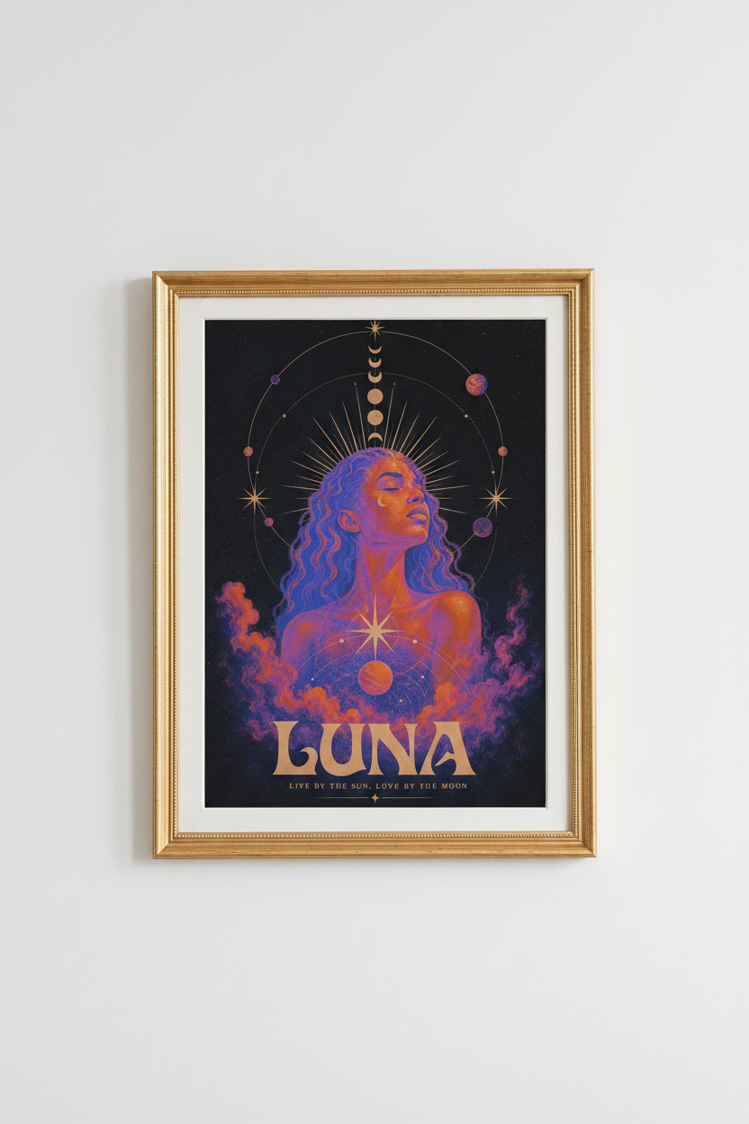 Moon Goddess Print | Celestial Neon Portrait, Bedroom Decor
