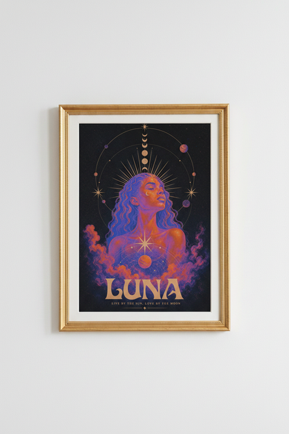Moon Goddess Print | Celestial Neon Portrait, Bedroom Decor