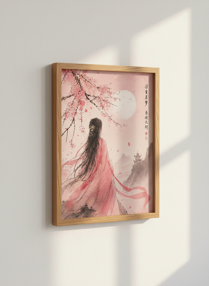 Chinese Woman &amp; Cherry Blossom Art | Pink Ink Wash Style, Zen Aesthetic Wall Decor