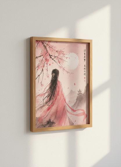 Chinese Woman &amp; Cherry Blossom Art | Pink Ink Wash Style, Zen Aesthetic Wall Decor