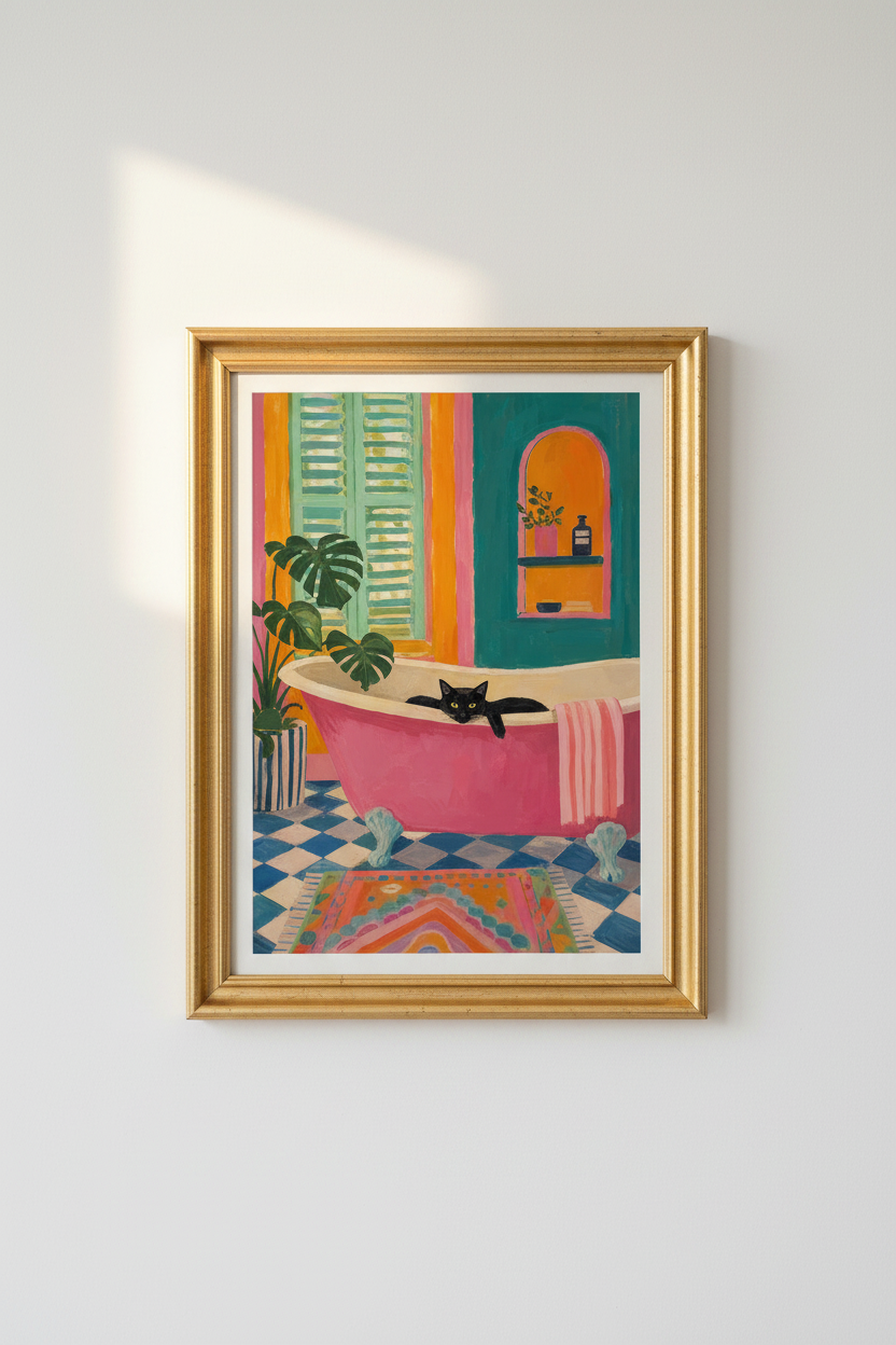 cat wall art print | colorful boho bathtub decor, bathroom poster