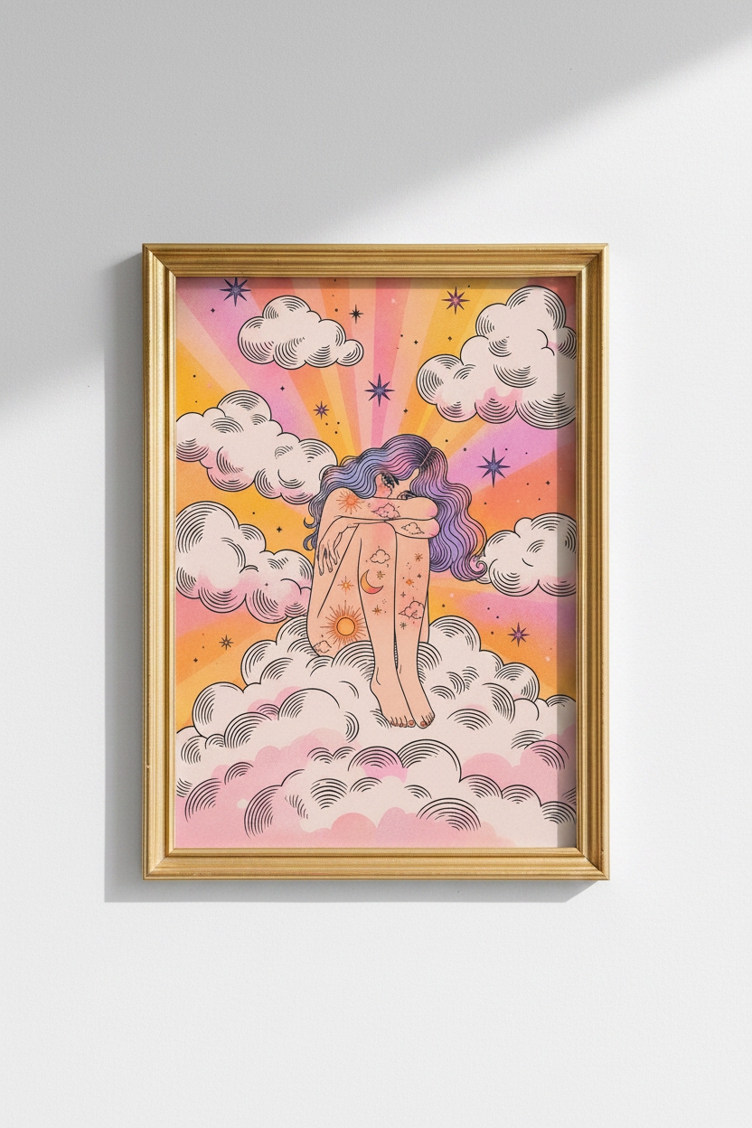 celestial wall art | Pastel Retro Sun-Moon Bedroom Decor