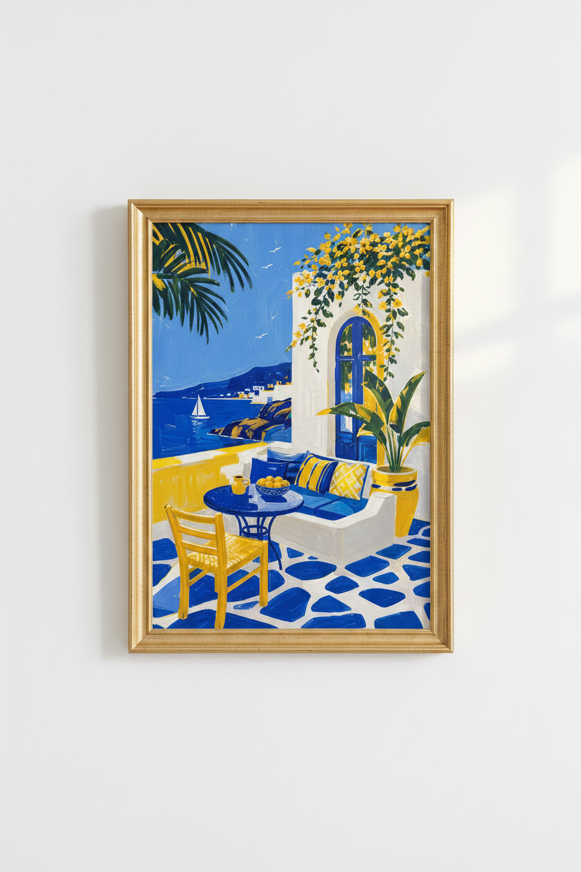 Mediterranean poster | Coastal Blue Yellow, Living Room Decor
