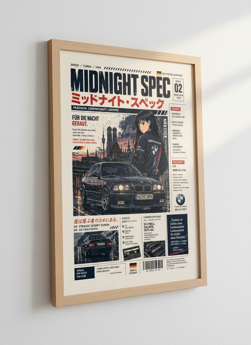 JDM Anime Car Poster | E36 M3 Wall Art, Garage Decor | Vaporwave Aesthetic Print