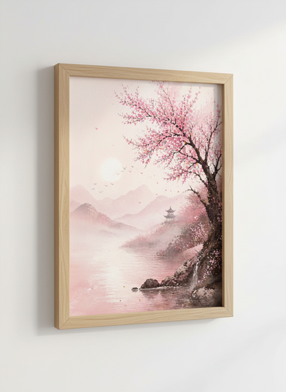 Cherry Blossom Landscape | Pink Japanese Watercolor Art, Zen Bedroom Decor