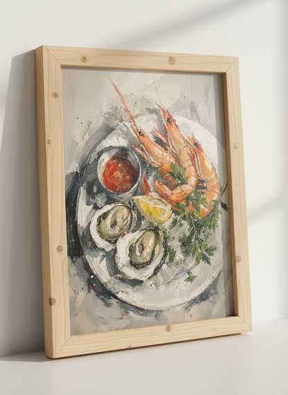 Seafood Platter Painting | Impasto Oysters &amp; Prawns, Kitchen Wall Art Print